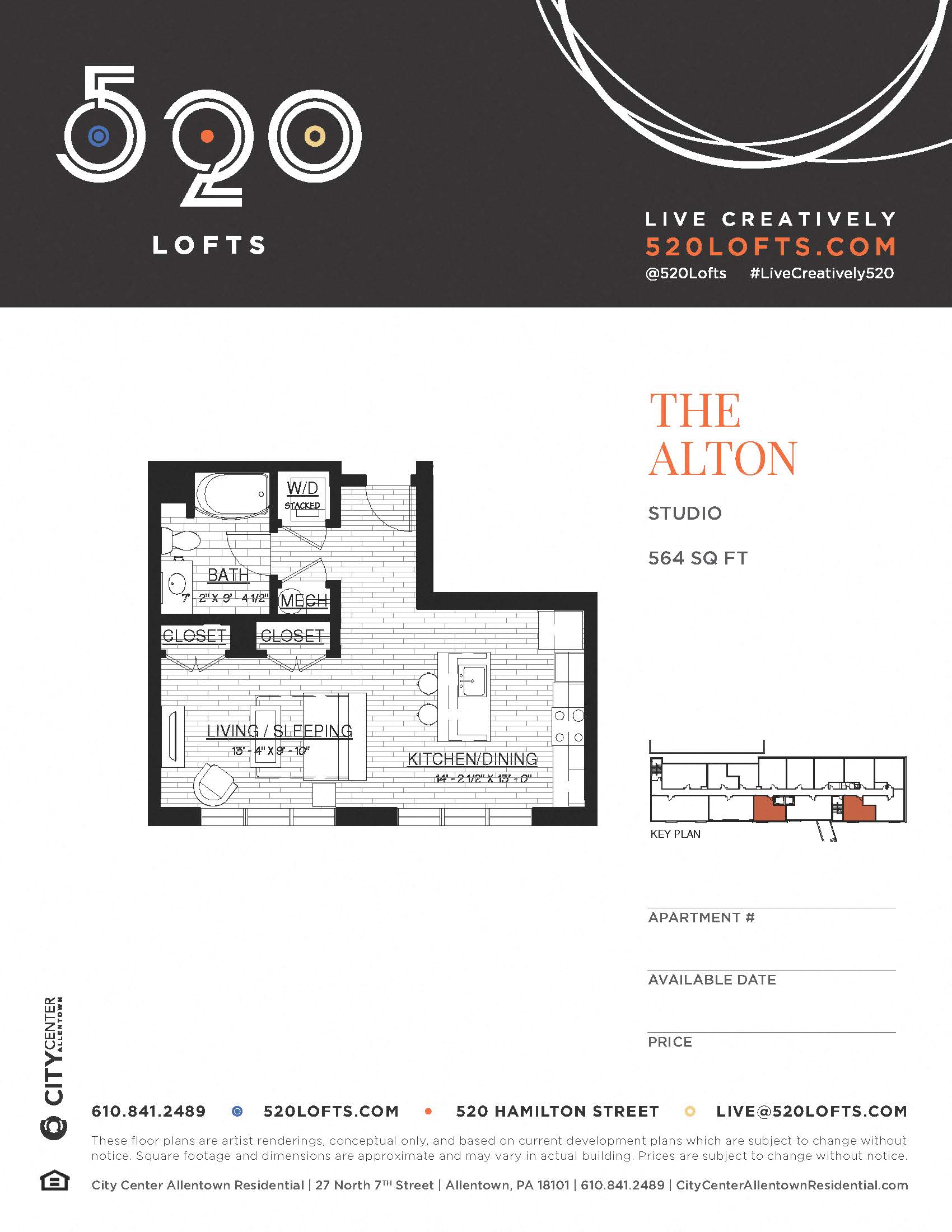 Floor plan for studio, 1 bath, 564 sqft